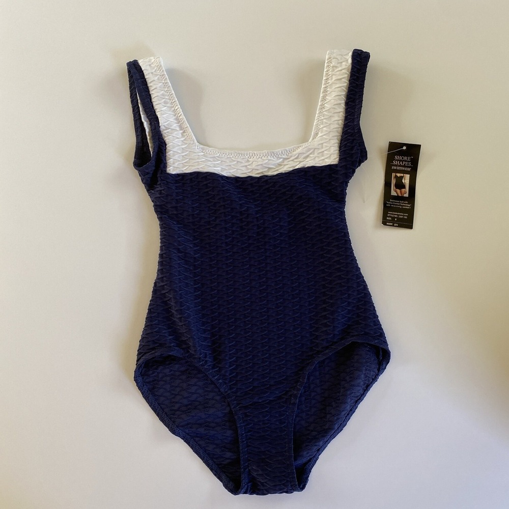 Shore Shapes Womens Navy Blue Textured One Piece Swimsuit Size 8 Nautical